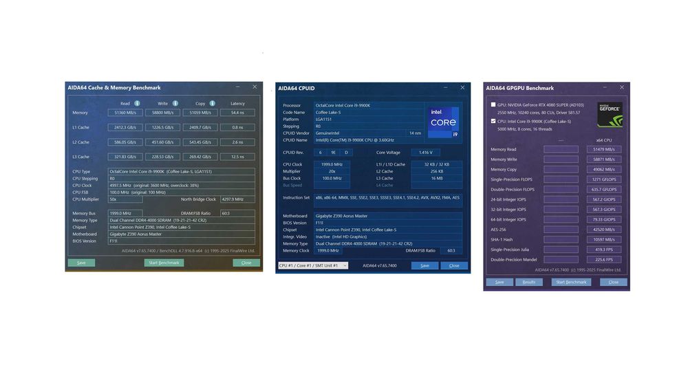 Intel i9-9900k Gigabyte Z390 AORUS MASTER RAM 32 Gb 4x8 Gb 4000 MHz