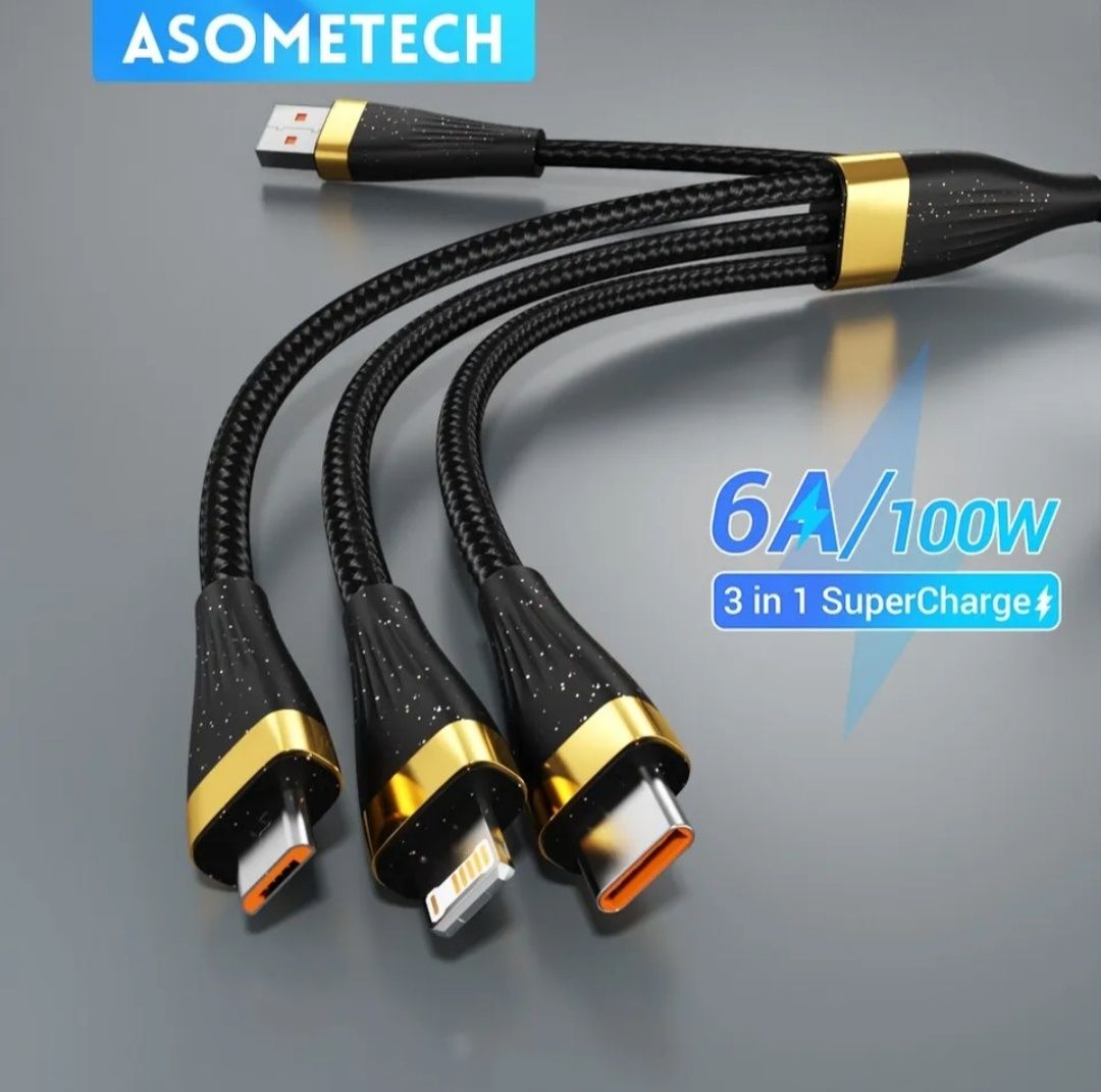 Кабель Asometech 100w 3 в 1 Type-C + Lightning + microUSB - USB 125 см