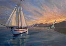 Картина  Морской пейзаж. Корабль в море Парусник Холст Масло 45*65см