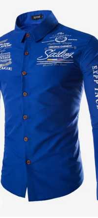Męska koszula kołnierz długi rękaw nadruk niebieski design 2xl/3xl