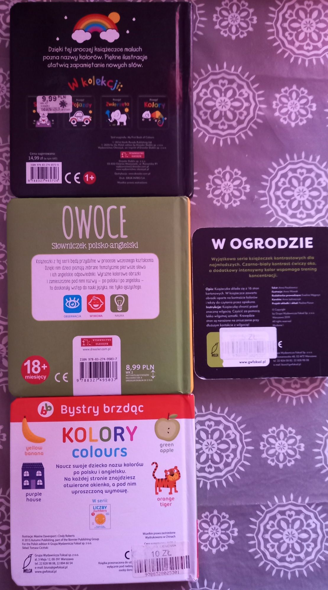 Zestaw 4 ksiazeczek dla dzieci (polsko-angielski, 6M+, 1+, 18+)+ grati