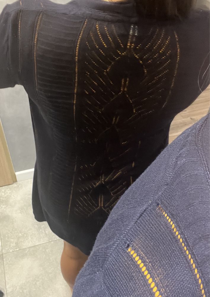 Kardigan granatowy L 40 12 M&S Per Una plecy ażurowy wiskoza akryl