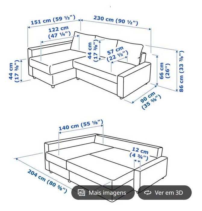 sofá-cama com arrumação e chaise longe ikea
