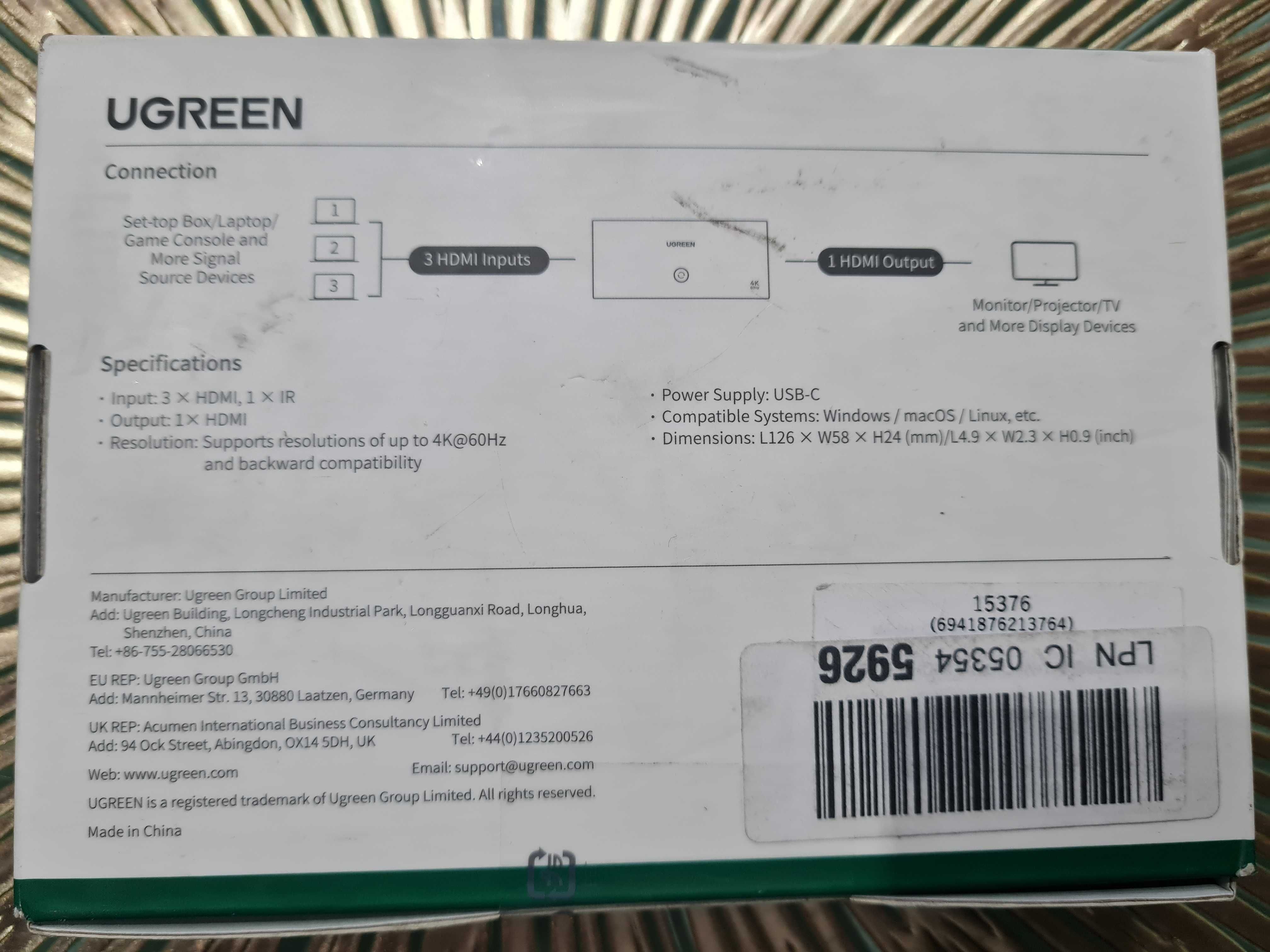 UGREEN HDMI 1.4 Przełącznik 4K 3 w 1 wyjście Rozdzielacz HDMI Pilot