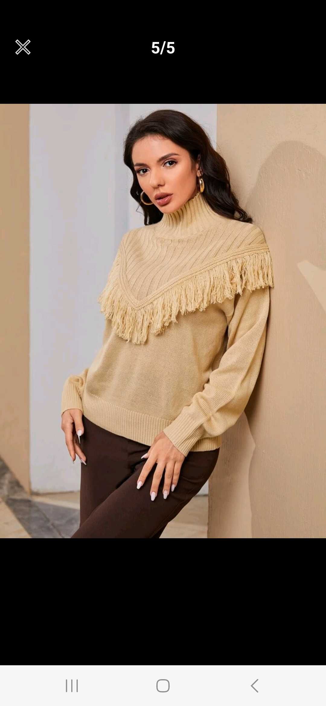 Nowy sweter damski boho z frędzlami beżowy camel golf z golfem 36 s