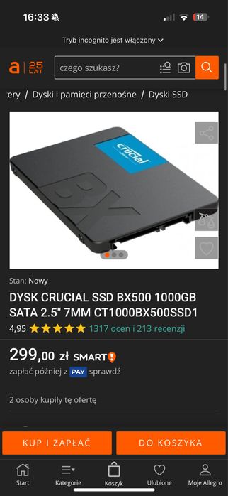Dysk Crucial SSD BX500 1TB Sata 2,5 nowy okazja!