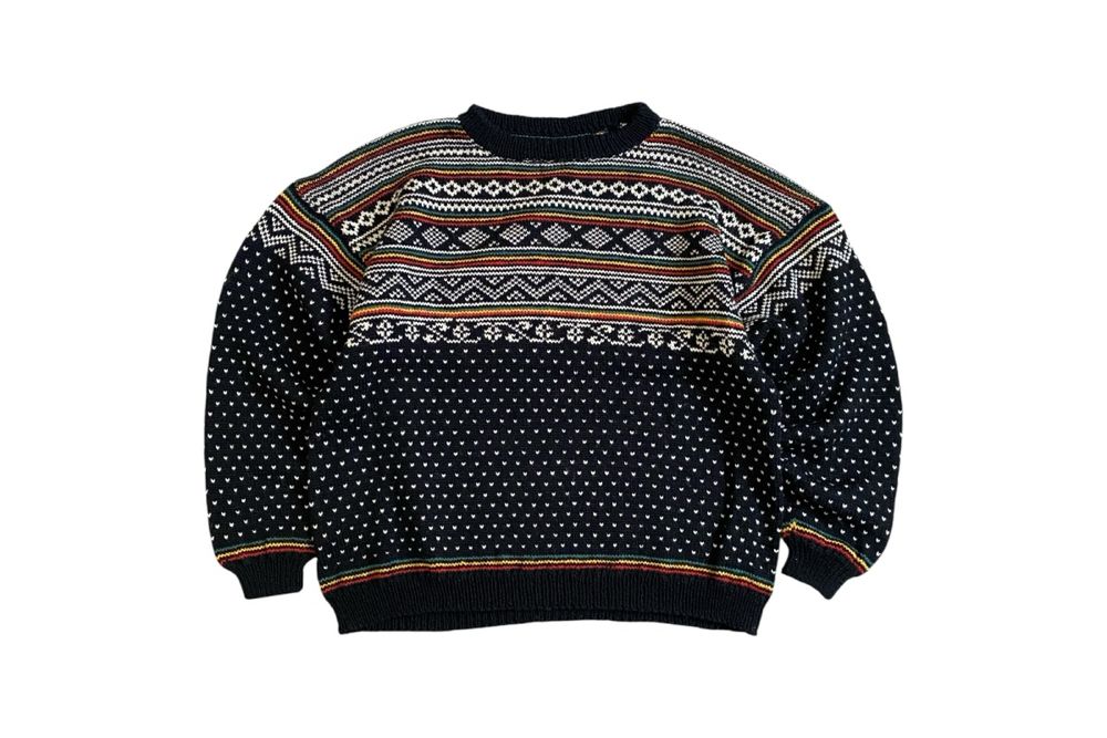 vintage handmade kolorowy wełniany damski sweter w stylu norweskim XL