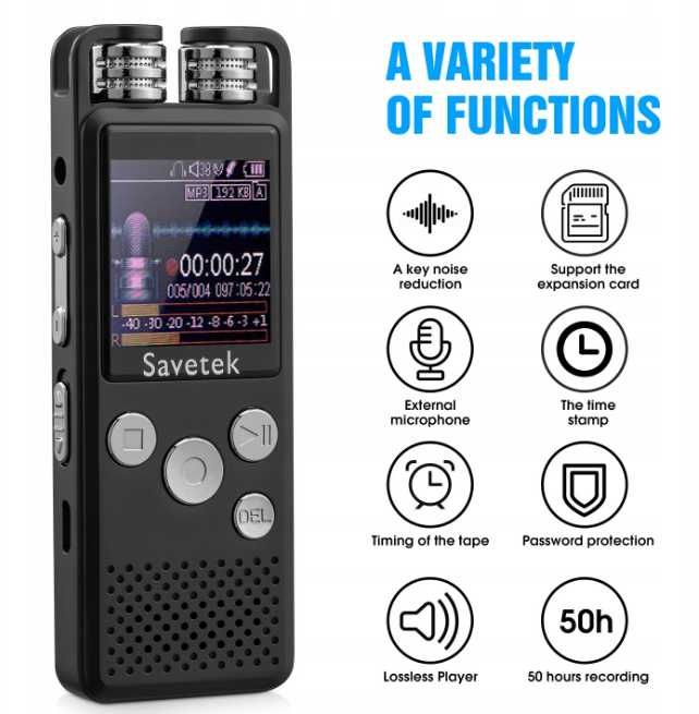 Dyktafon Savetek GS-R07 profesjonalny, cyfrowy, odtwarzacz32gb ttst596