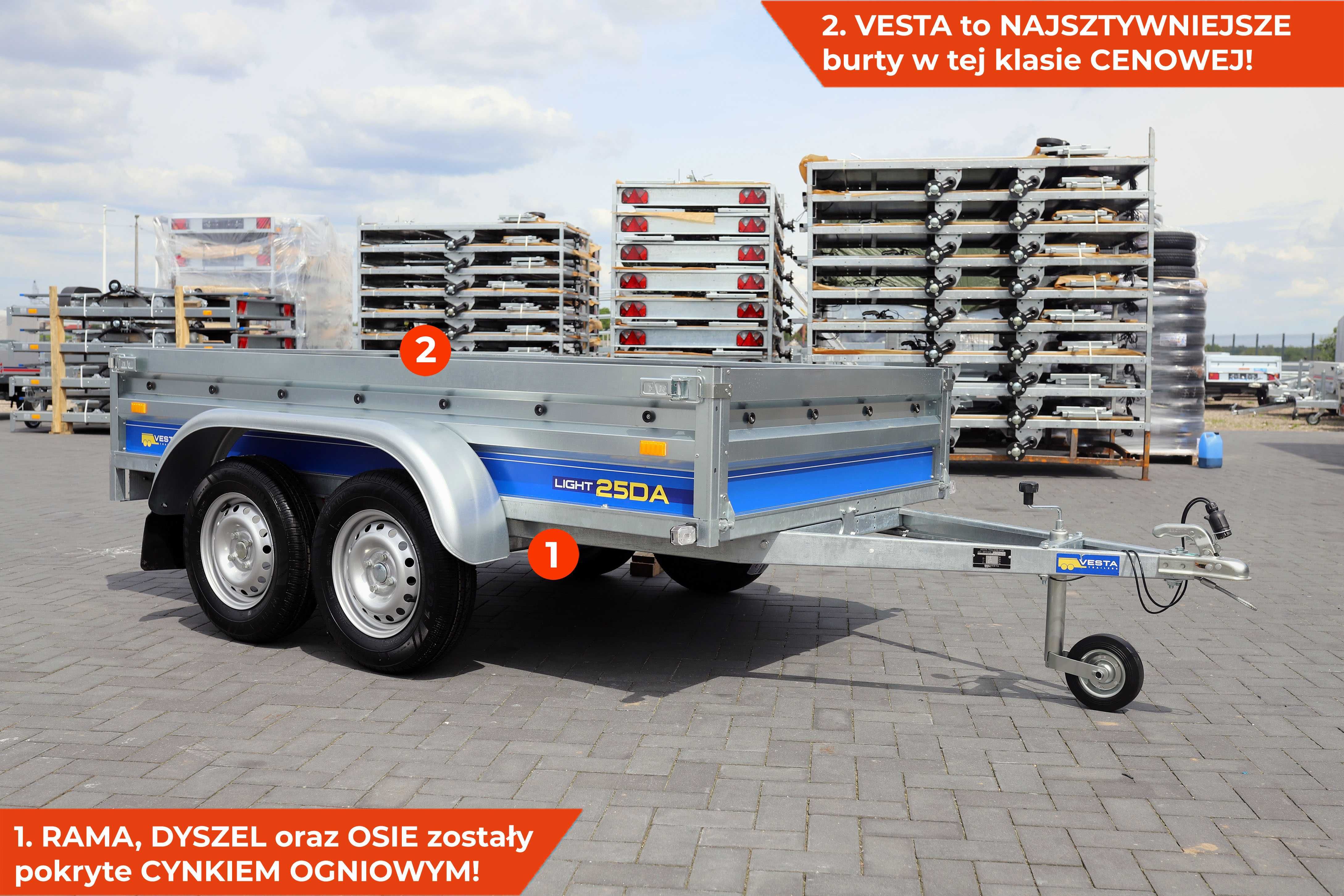 Mocna przyczepa 2 osiowa 252x135x37 Vesta light 25DA tandem SPAWANA