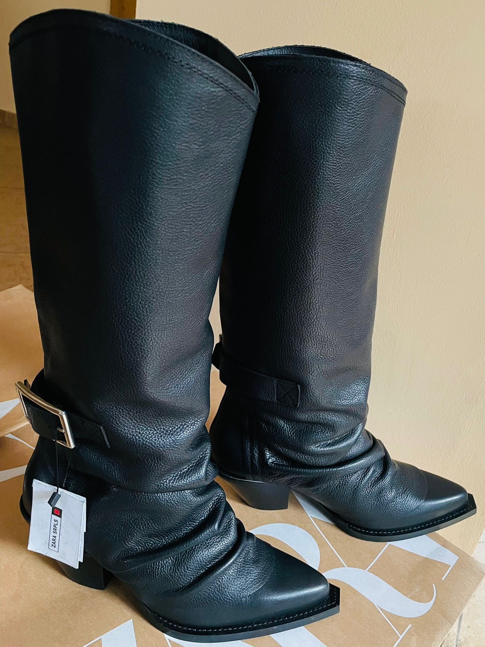 ZARA SRPLS Kozaki slouchy 100% skóra r. 38