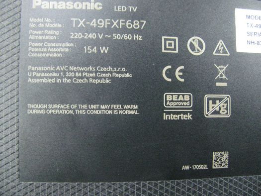 Panasonic TX-49FXF687, TNPH1196 1 A, TXN/A1PZWE, 6870c-0584a, tnpa6397