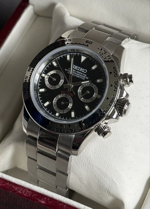 Seiko mod daytona nowy czarno srebrny z chronometrem