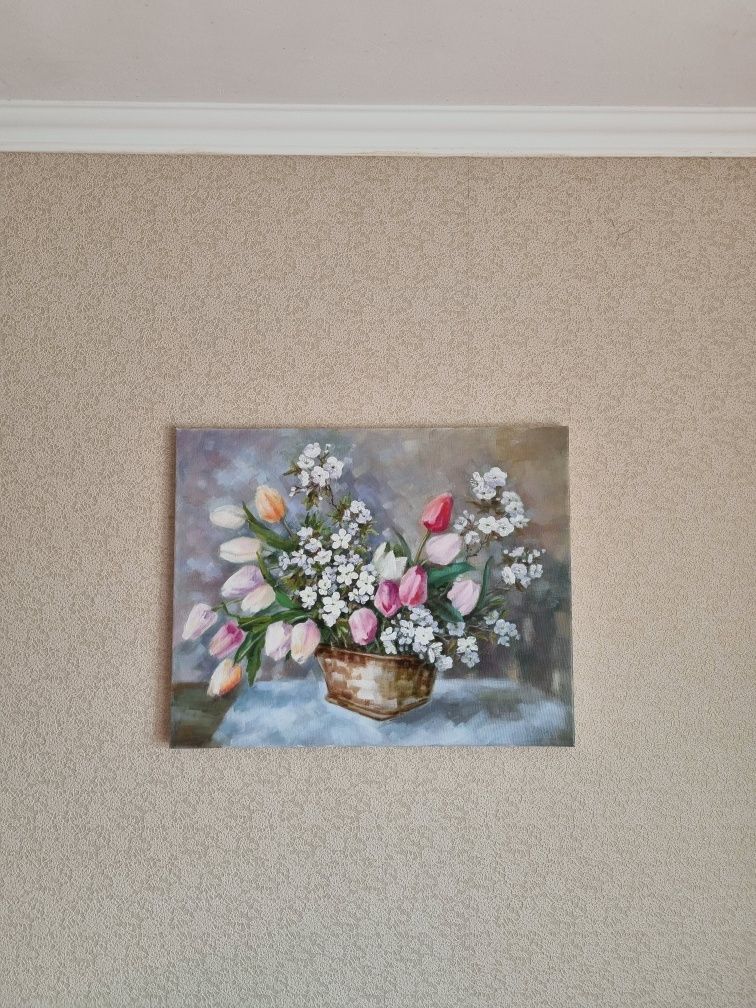 Картина масляними фарбами на холсті, весняні квіти, букет тюльпани