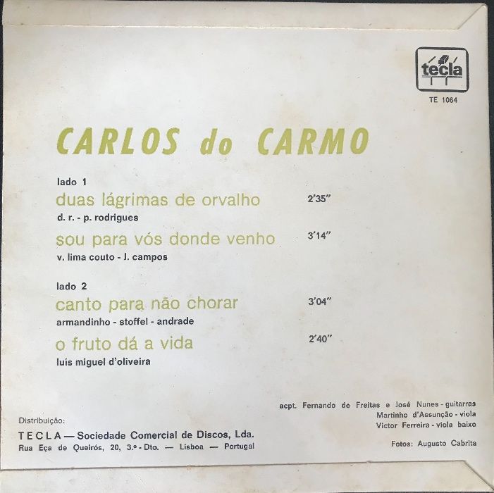 Disco Vinil Carlos Do Carmo : DUAS LÁGRIMAS DE ORVALHO