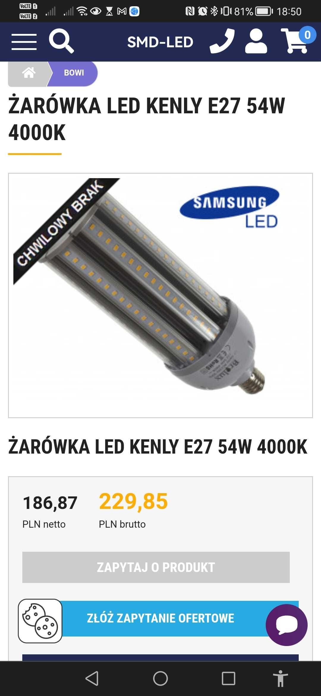 Żarówka LED kenly E27 54W Samsung nowa