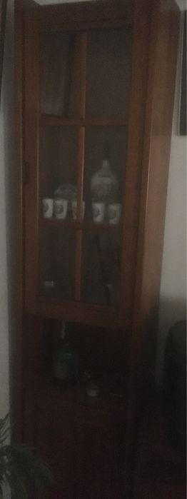Movel estreito com vitrine superior e porta inferior.