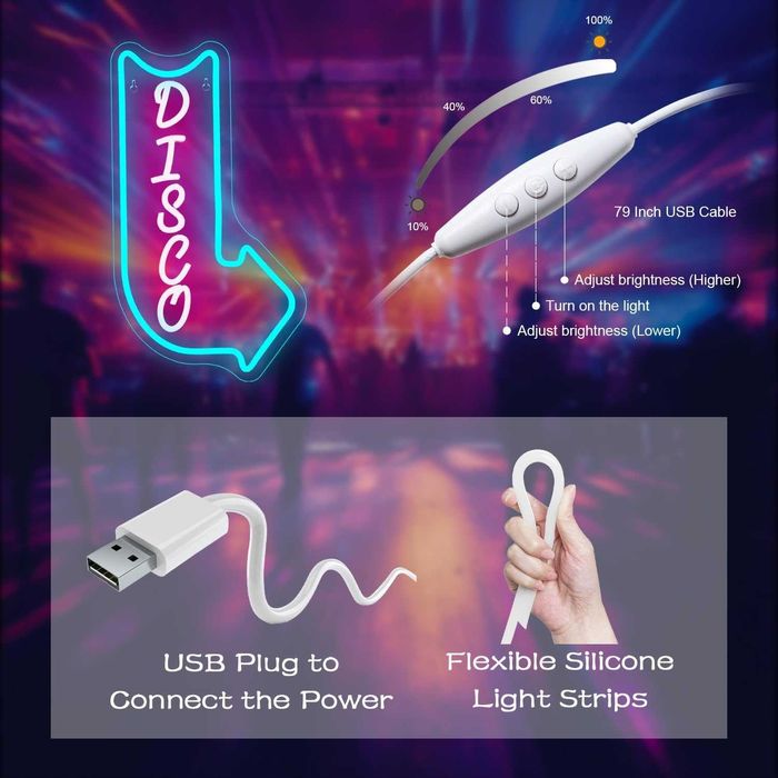 Neon LED Dekoracyjny DISCO Wielokolorowy Ściemnialny 42x24 cm USB