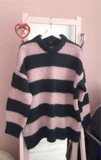 Wełniany sweter w paski Reserved pudrowy róż butelkowa zieleń 36/S
