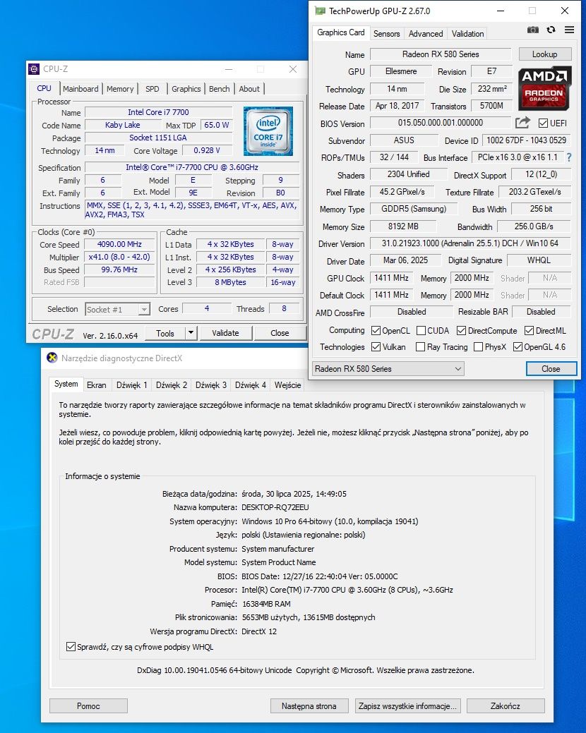 Komputer stacjonarny, i7-7th 16gb RAM RX580 8gb