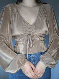 Плісирована блуза блузка сорочка довгий рукав кольору капучіно