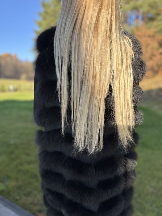 Kamizelka m/l z lisa czarnego naturalne futro damska długa rzędowa