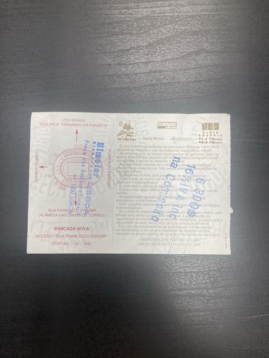 Bilhete Bruce Springsteen 1993 em Alvalade