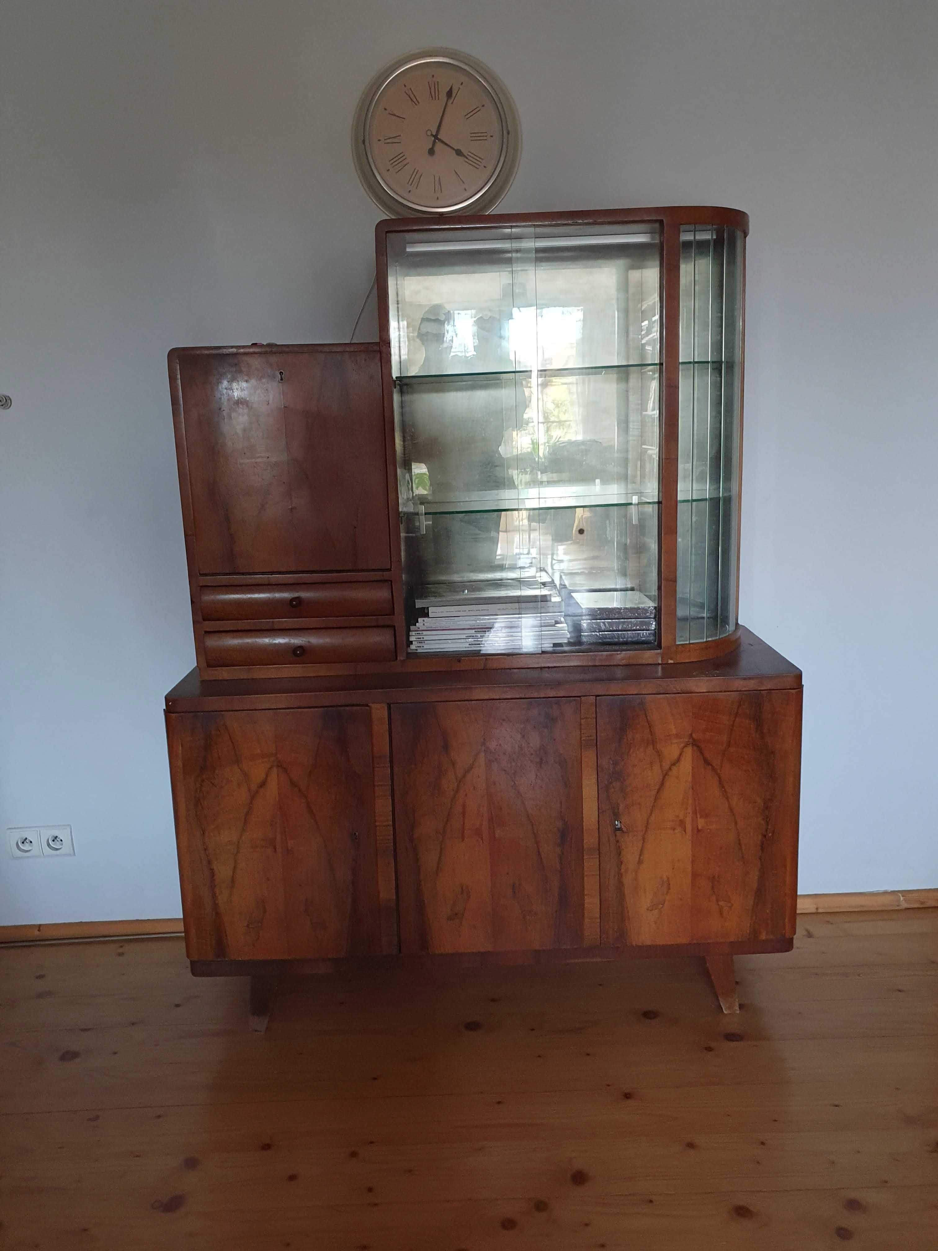 Fornirowany kredens z nadstawką, regał, witryna, PRL, midcentury