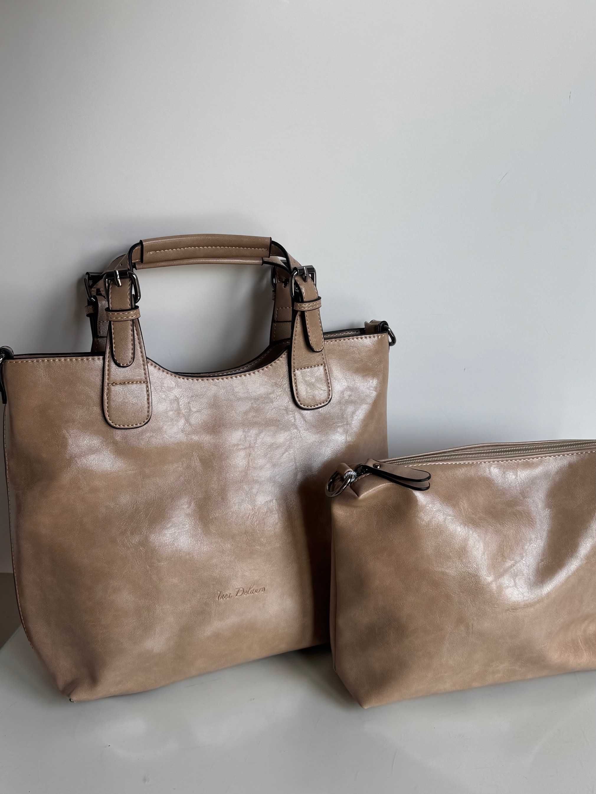 Torebka Ines Delaure beżowa taupe duży hit zarka elegancka błyszcząca