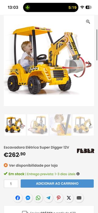 Escavadora eletrica 12v feber criança
