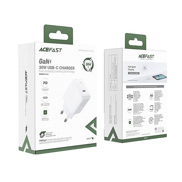 Acefast ładowarka sieciowa GaN USB Typ C 30W, PD, QC 3.0, AFC, FCP bia