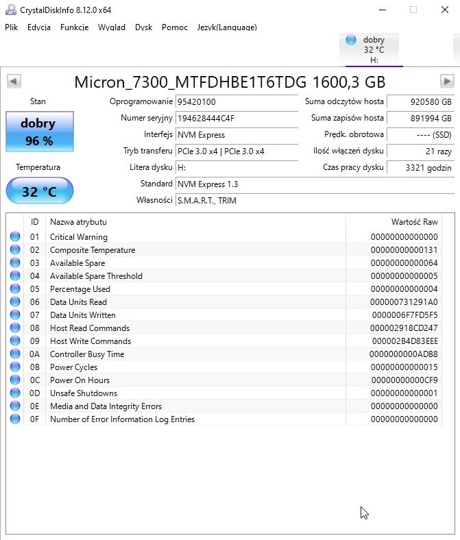 Dysk SSD Micron 7300 MAX 1.6TB NVMe PCIe 3.0 3D TLC