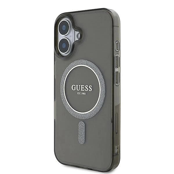 Etui Guess IML Glitter Circle MagSafe na iPhone 16 - czarne