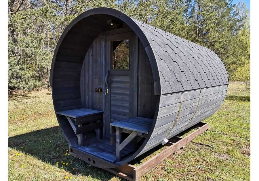 Sauna ogrodowa drewniana OKRĄGŁA 3,5x2,3m beczka, ruska bania, fińska