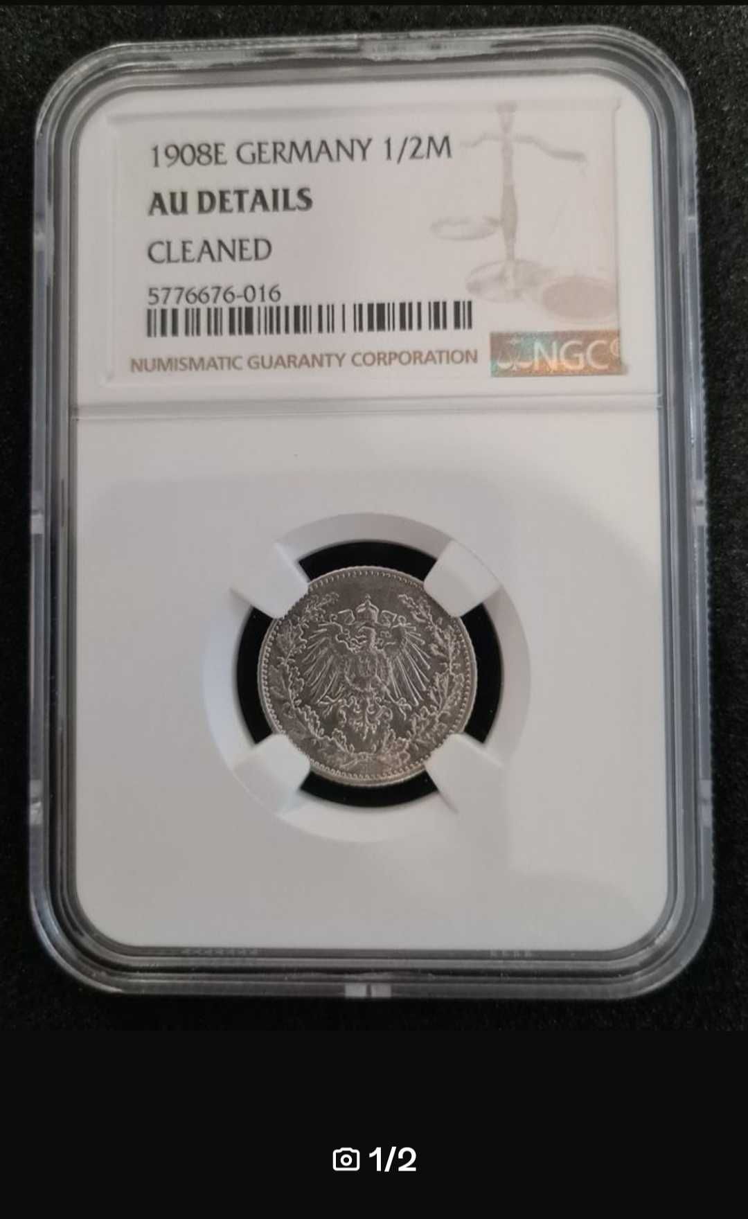 Продам 1/2 Немецкая серебряную марку1908г.с междун.сертефикатом NGS.