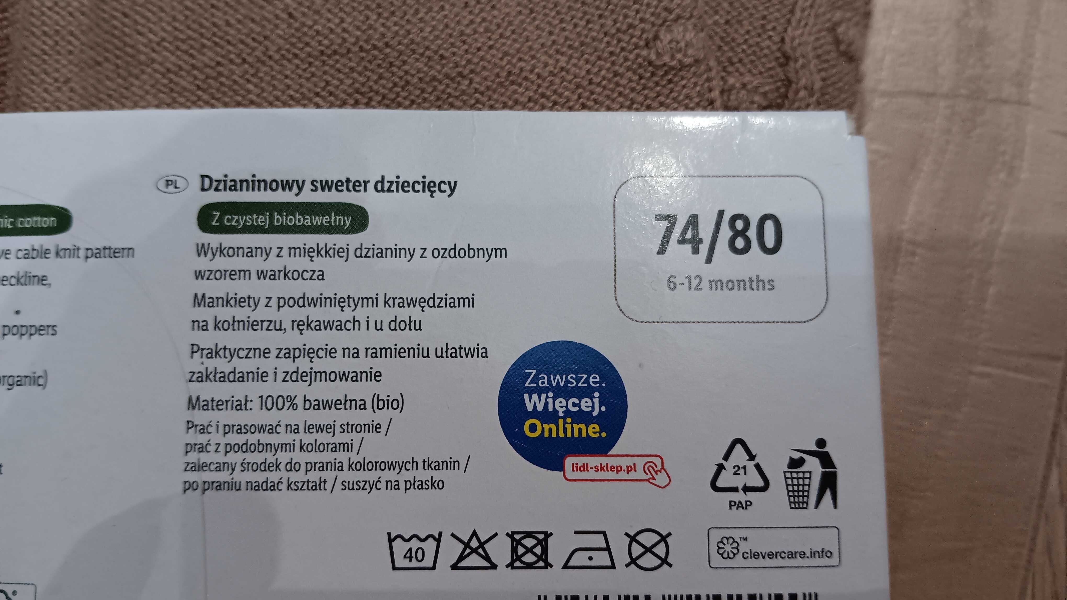 Dzianinowy sweter dziecięcy Lupilu 74/80