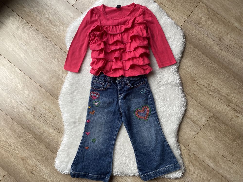 2 x spodnie dzwony i bluzka z różowa falbankami rozmiar 92 cm Baby Gap