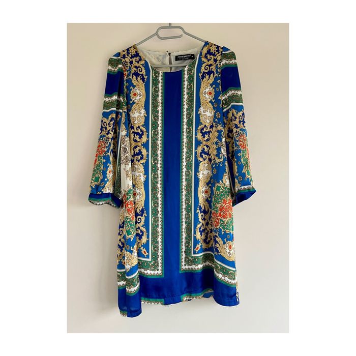 Sukienka niebieska wzór etno boho hippie m satynowa