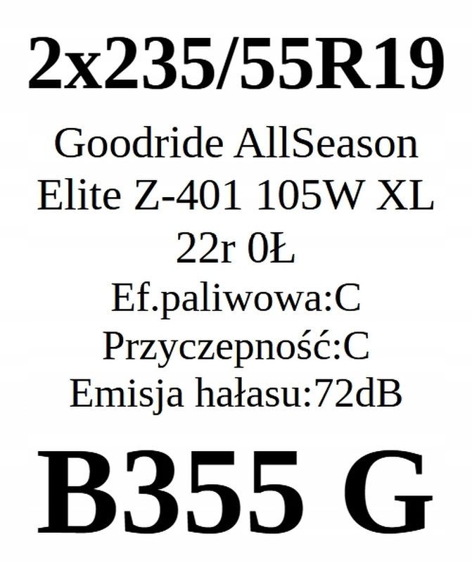 2x 235/55r19 Goodride AllSeason Elite Z-401, 105w 2022r C/C/72dB 6mm