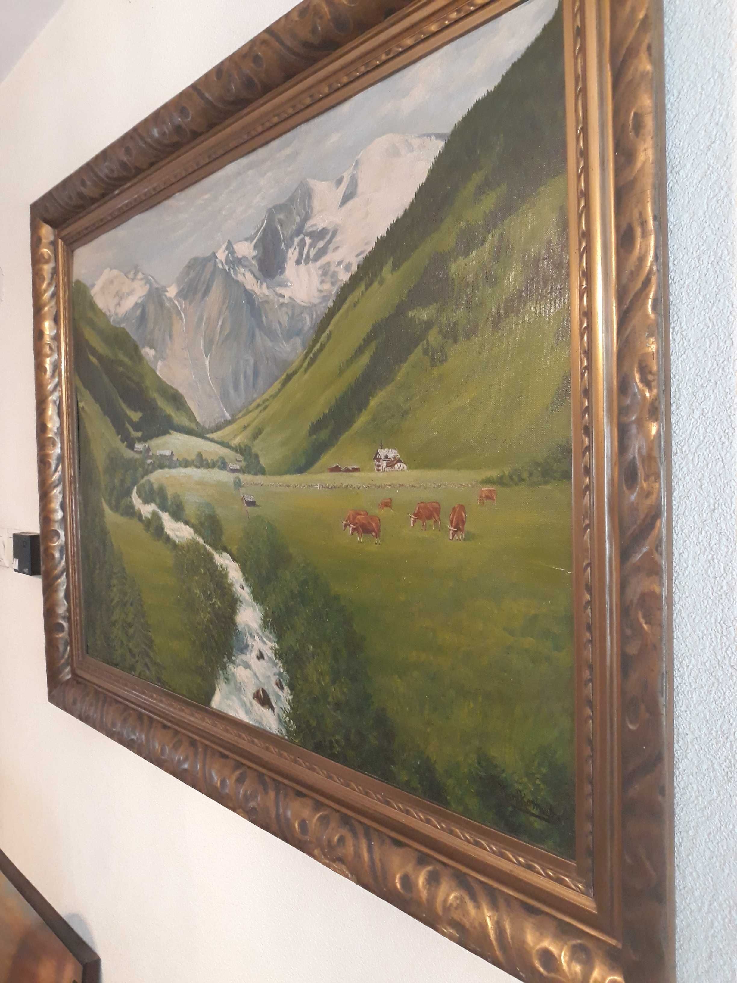 Stary obraz olejny Kurt Kottwitz pejzaż góry łąka krowy w ramie 86x116
