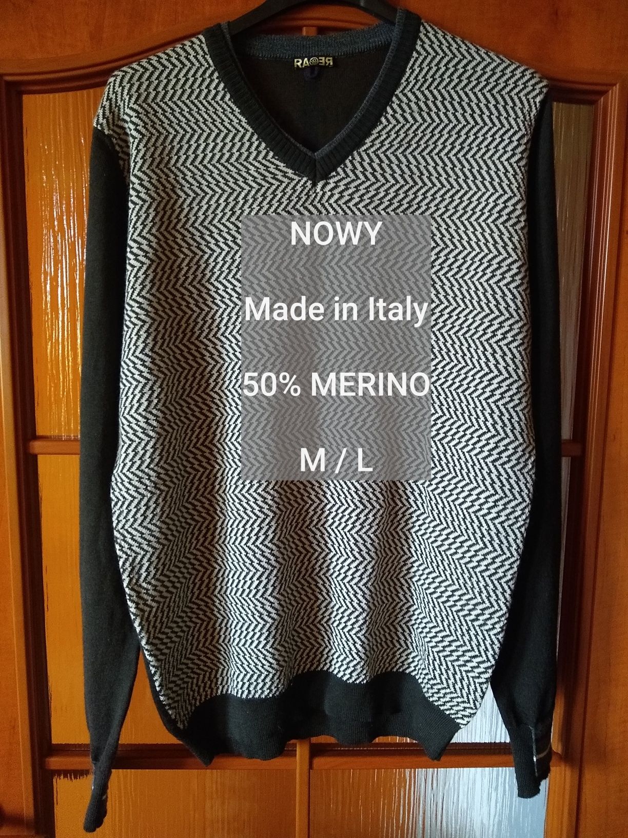 NOWY  Made in Italy, Elegancki męski sweter, 50% Merino, Rozmiar M/L