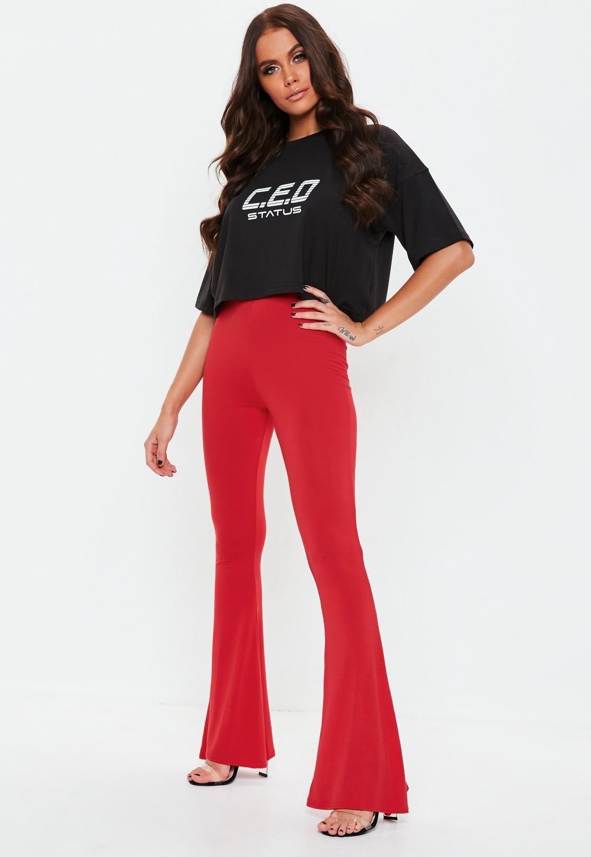 Missguided Czerwone spodnie dzwony 38 M flare gumka w pasie legginsy