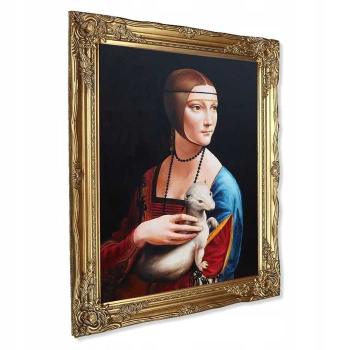 Obraz malowany L. DA VINCI DAMA Z GRONOSTAJEM z łasiczką rama złota