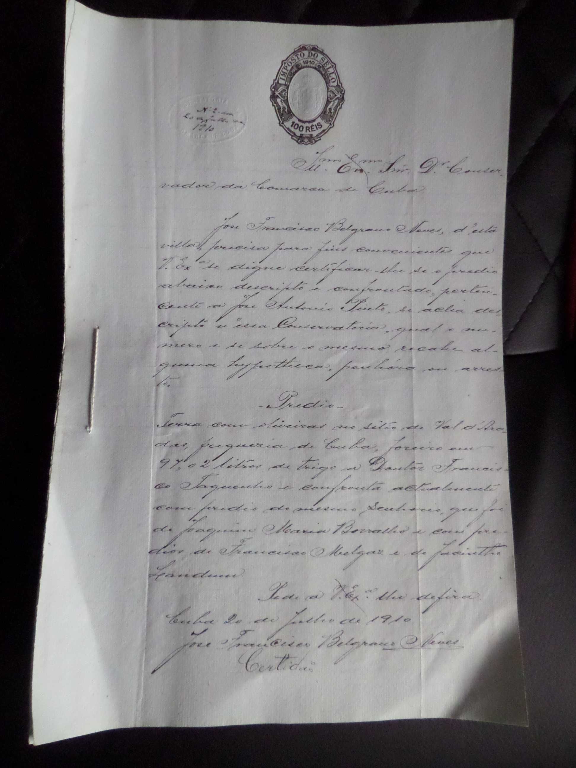 Documento Manuscrito Selado, Ano 1910