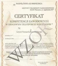 Certyfikat Kompetencji Zawodowych na przewóz osób lub rzeczy *300zł*