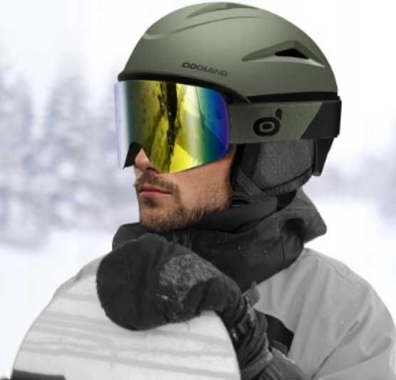 Kask Narciarski Snowboardowy z Goglami UV Odoland Khaki Rozm L 60-61cm