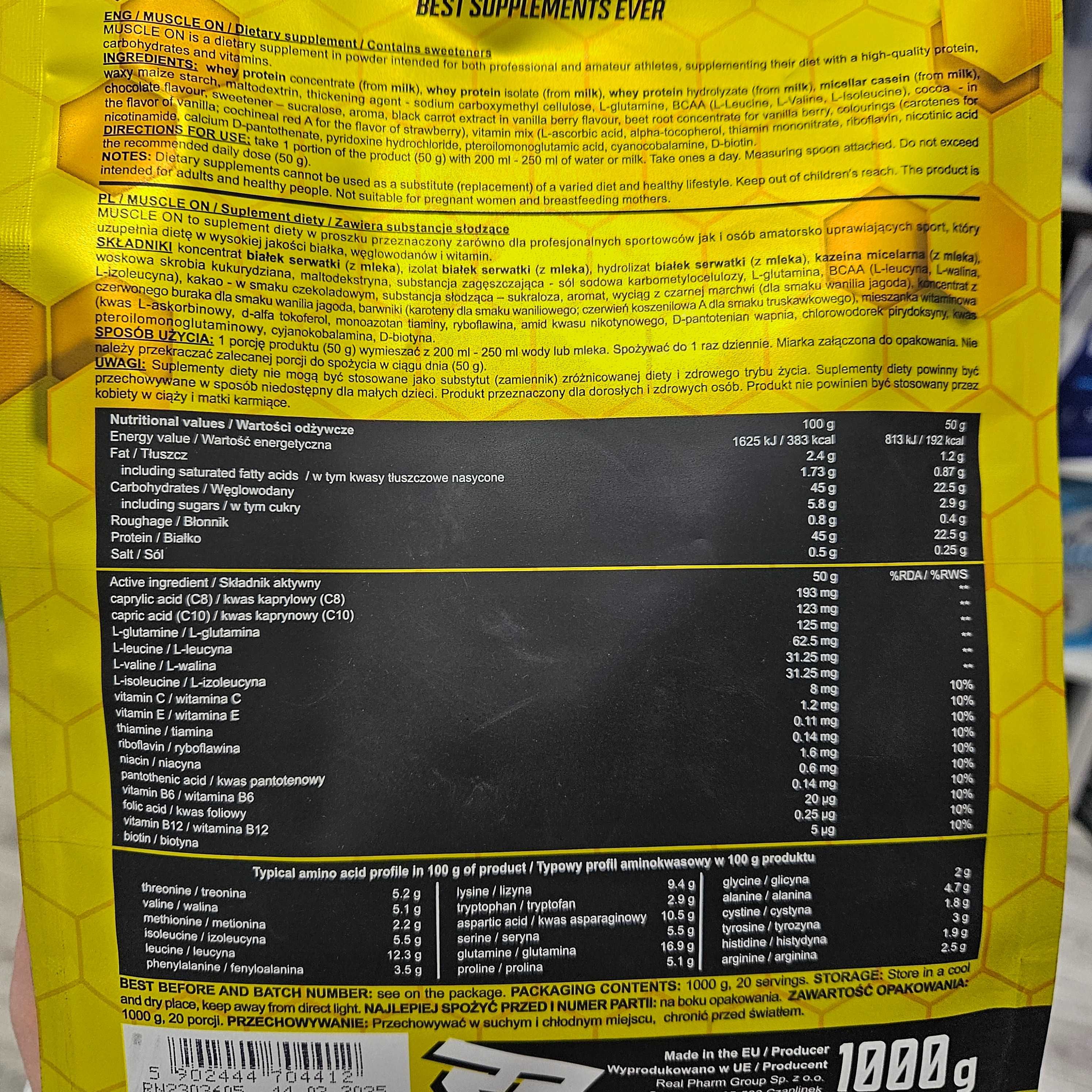 BULK, Gainer, Real Pharm MUSCLE ON 1000g BULK smak czekolada orzech