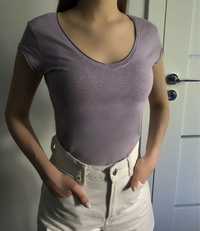 Liliowa koszulka t-shirt damska w serek bawełniana L