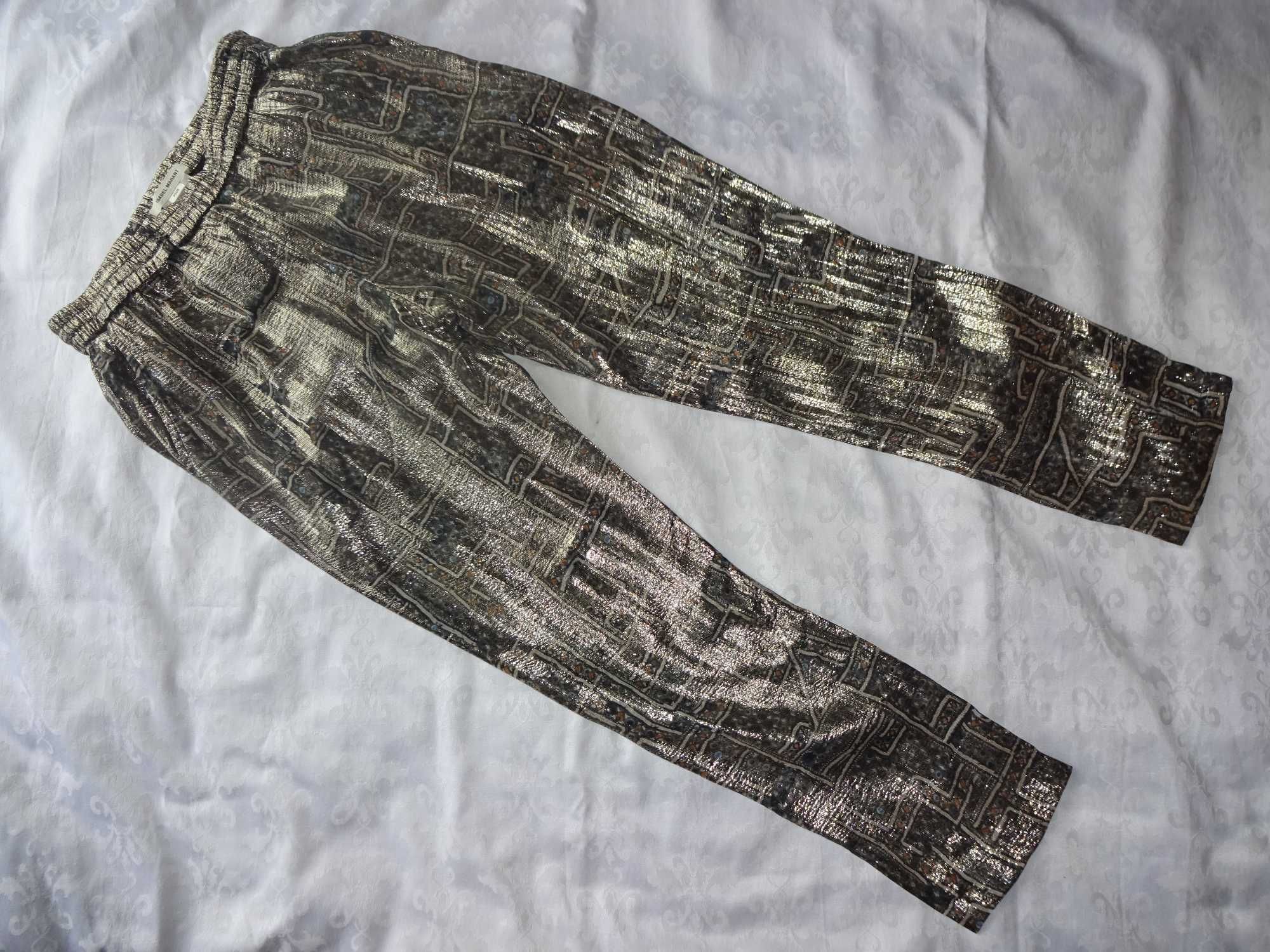 Isabel Marant H&M pour jedwabne cieńkie metaliczne złote spodnie