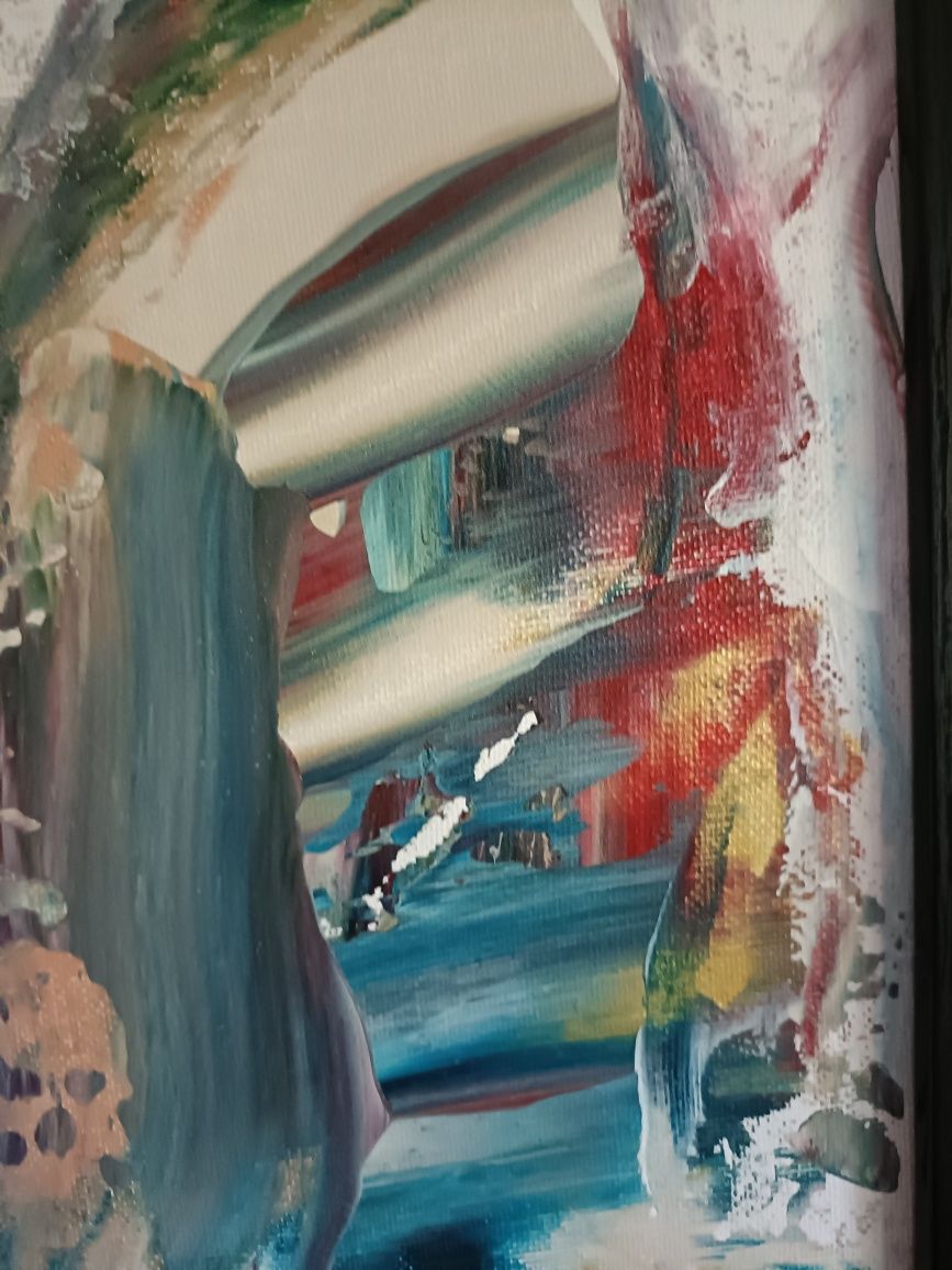 Abstrakcja akrylowa 30x30 w ramce kolory biel, turkus, czerwień
