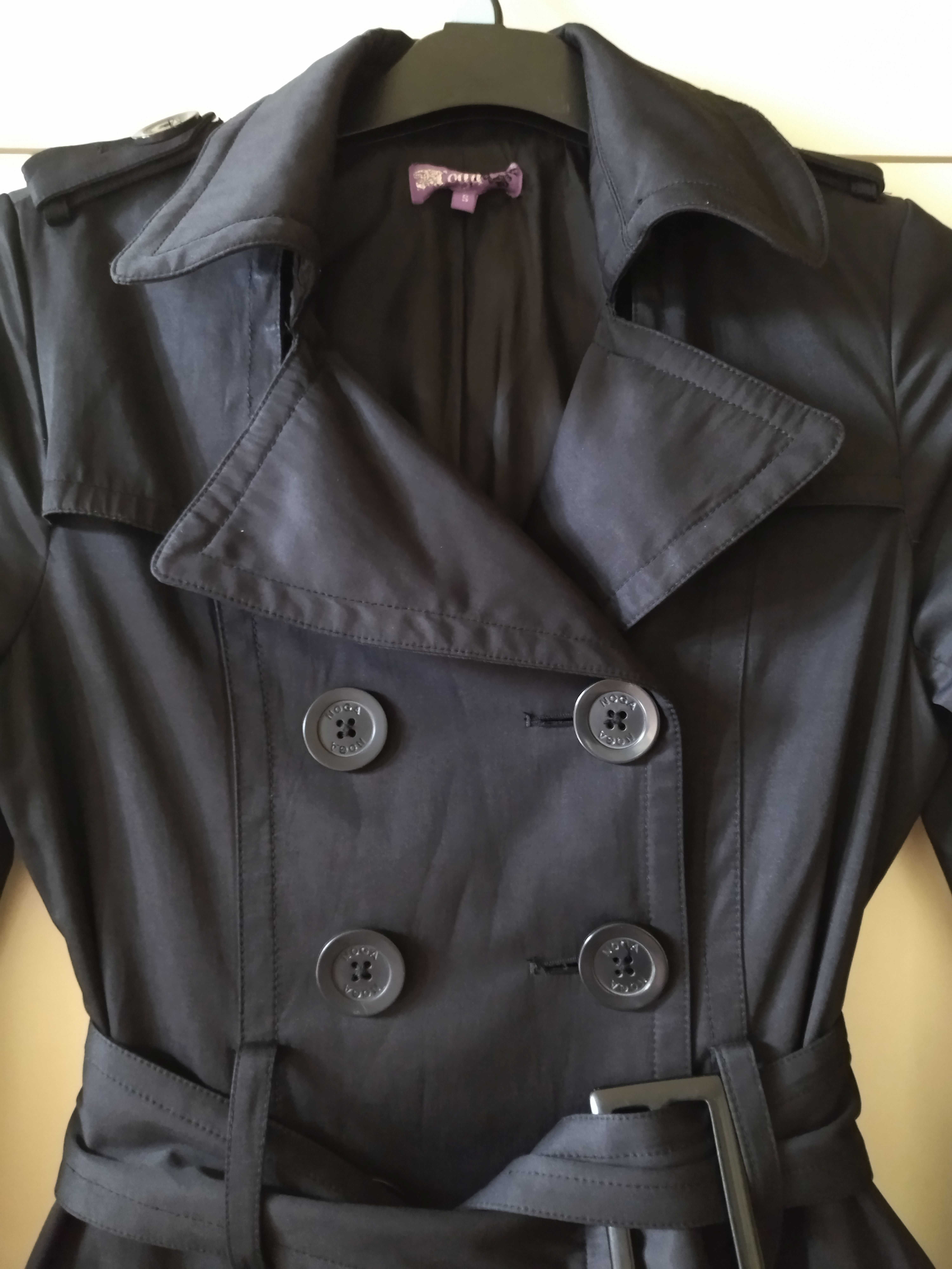 Płaszcz damski typu trencz, HOGA, S, czarny, dwurzędowy z paskiem